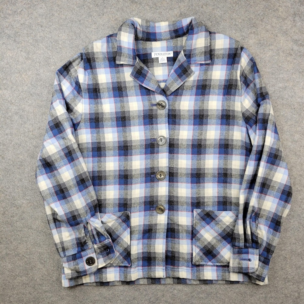 Pendleton Jacket Womens Large‎ Blue Plaid Wool Flannel Button Front Pockets
